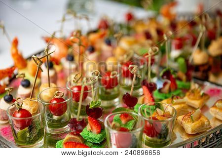 Light Snacks, Canap S With Lard, Cheese, Meat, Sauce, Cherry Tomatoes. Snacks For Parties Or Recepti