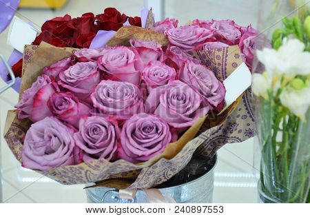 Beautiful Bouquets Of Roses Are Presented In Street Flower Shop