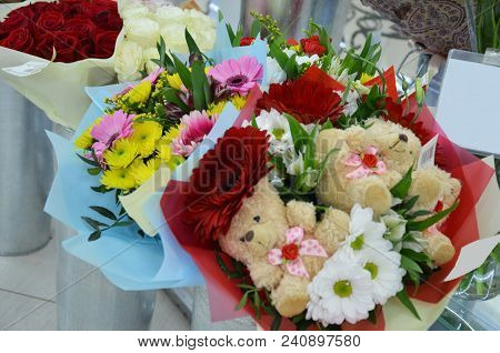 Beautiful Bouquets Of Roses Are Presented In Street Flower Shop