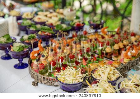 Light Snacks, Canap S With Lard, Cheese, Meat, Sauce, Cherry Tomatoes. Snacks For Parties Or Recepti