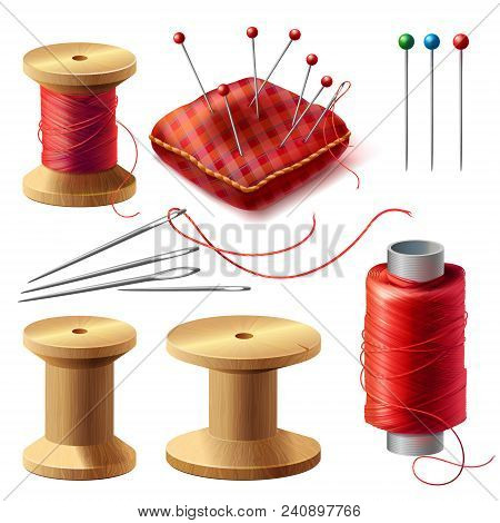 Vector Realistic Set Of Sewing Supplies Isolated On Background. Tools For Tailoring, Needlework And 