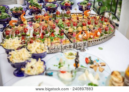 Light Snacks, Canap S With Lard, Cheese, Meat, Sauce, Cherry Tomatoes. Snacks For Parties Or Recepti