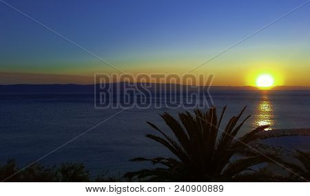 Sunset Over Adriatic Sea In Podgora, Makarska Riviera, Dalmatia, Croatia