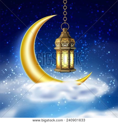 Ramadan Kareem Poster, Celebration Lamp Lantern Realistic 3d Illustration. Arabic Islam Festival Rel