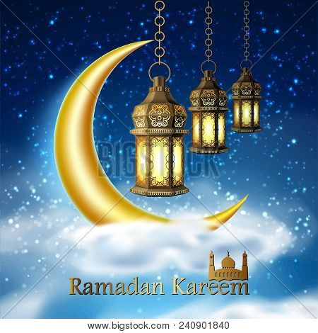 Ramadan Kareem Poster, Celebration Lamp Lantern Realistic 3d Illustration. Arabic Islam Festival Rel