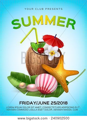Summer Cocktail Party Poster Template. Realistic 3d Coconut Juice Cocktail With Mint Leaf And Plumer