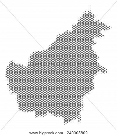 Schematic Borneo Island Map. Vector Halftone Geographic Abstraction. Grey Pixel Cartographic Concept