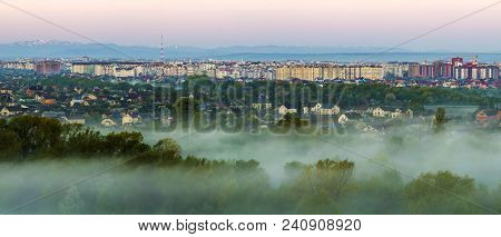 Beautiful Panorama Of Morning Aerial View Of Ivano-frankivsk City, Ukraine. Scene Of Quiet Suburbs A