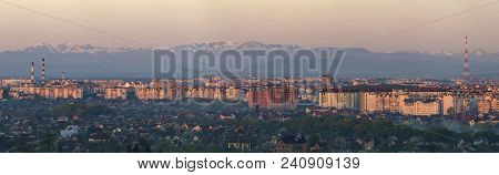 Wide Panorama, Aerial View Of Ivano-frankivsk City, Ukraine. Scene Of Modern Tourist City With Tall 