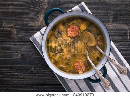 Slovak National Christmas Cabbage Soup With Mushrooms On Natural Background.