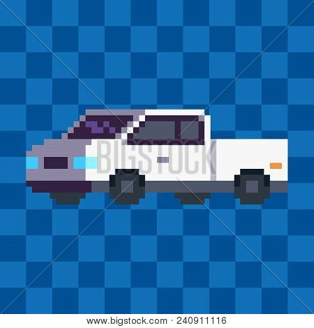 Pixel Art White Pickup Truck Vehicle Icon.