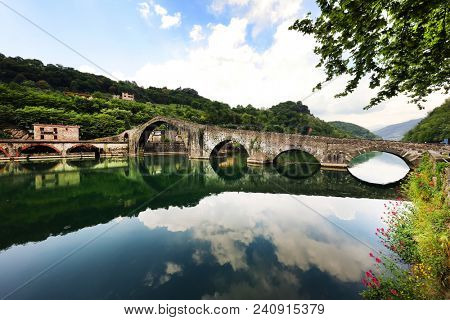 Maddalena Bridge in Bagni di Lucca, Tuscany, Italy, also known as the Devil's Bridge
