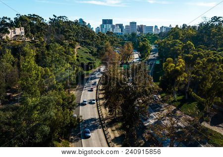 Highway Leading To San Diego Downtown With Tall Buildings In The Background