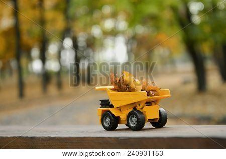 The Concept Of Seasonal Harvesting Of Autumn Fallen Leaves Is Depicted In The Form Of A Toy Yellow T