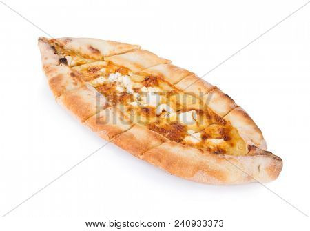 Traditional turkish pizza pide with cheese isolated on white. Top view.