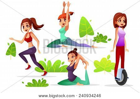 Woman Leisure Vector Illustration Of Young Girl In Park Jogging Or Yoga And Sport Exercise Riding On