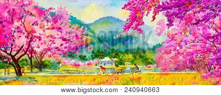Painting Watercolor Landscape Pink Color Of Wild Himalayan Cherry Flowers And Man, Woman, Cycling, F