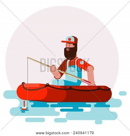 Man In Boat Try To Cach A Fish. Vector Illustration, Eps 10