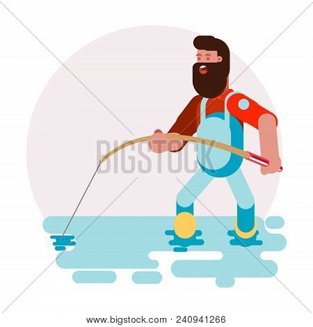 Man Standing In Water And Caching A Fish. Vector Illustration, Eps 10