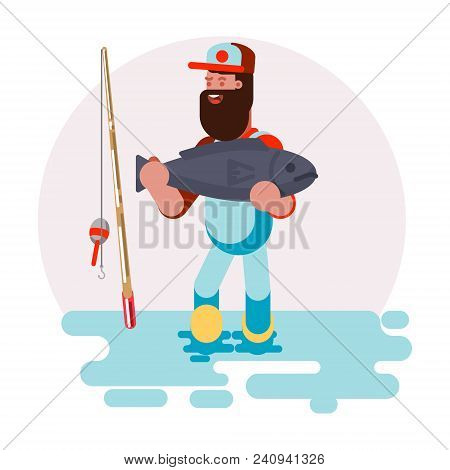 Man Standing In Water With Big Fish In His Hands. Vector Illustration, Eps 10
