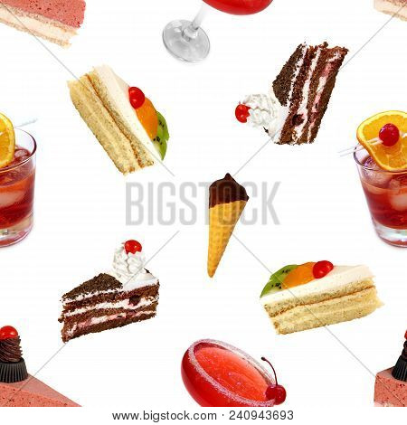 Seamless Pattern. Cakes And Cocktails On A White Background.
