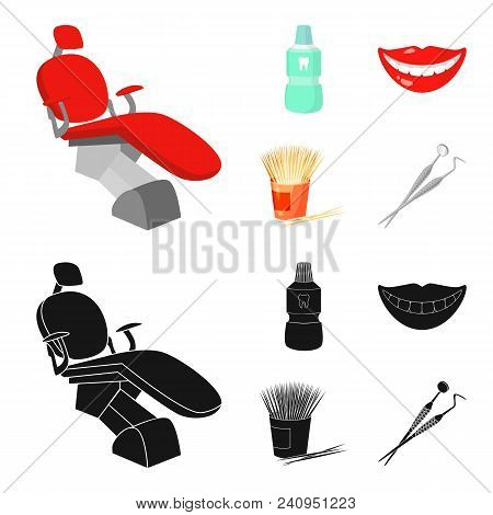 Dental Sterile Liquid In The Jar, Lips, Teeth, Toothpicks In The Jar, Medical Instruments For The De