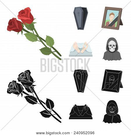 Coffin With A Lid And A Cross, A Photograph Of The Deceased With A Mourning Ribbon, A Corpse On The 