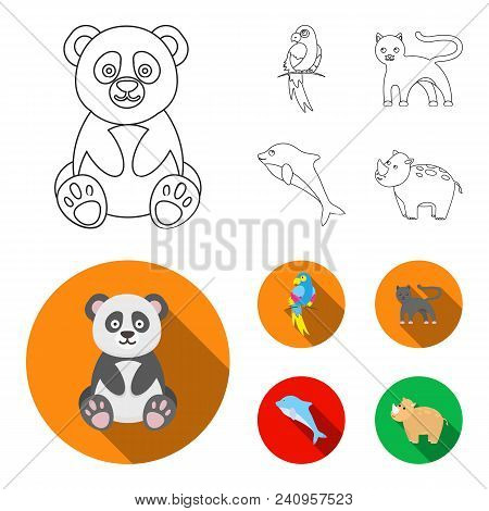 Panda.popugay, Panther, Dolphin.animal Set Collection Icons In Outline, Flat Style Vector Symbol Sto