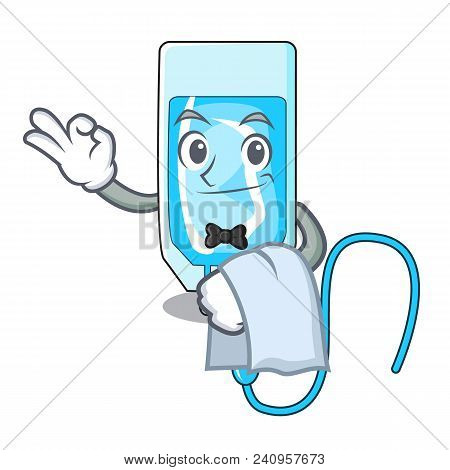 Waiter Infussion Bottle Mascot Cartoon Vector Illustration