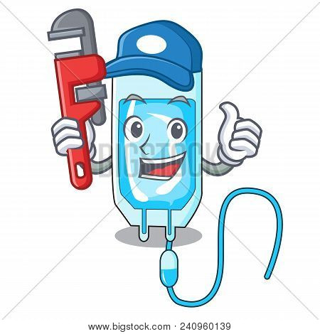 Plumber Infussion Bottle Mascot Cartoon Vector Illustration