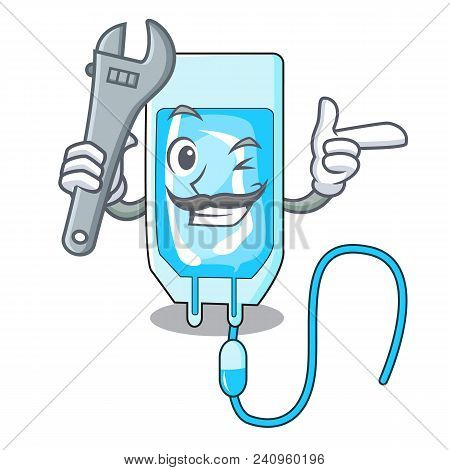 Mechanic Infussion Bottle Mascot Cartoon Vector Illustration