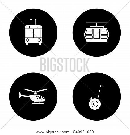 Public Transport Glyph Icons Set. Modes Of Transport. Trolleybus, Funicular, Helicopter, Segway. Vec