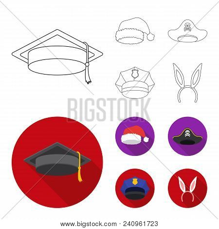 Graduate, Santa, Police, Pirate. Hats Set Collection Icons In Outline, Flat Style Vector Symbol Stoc