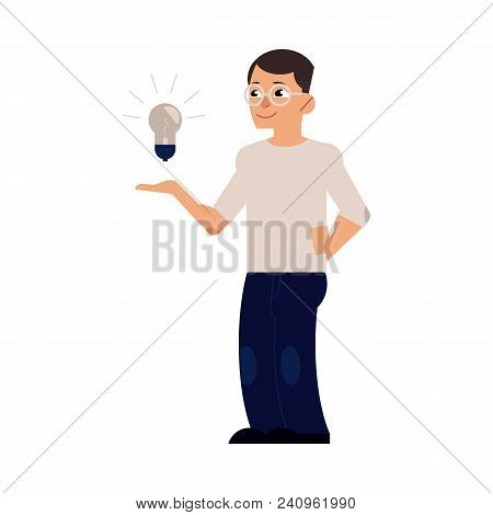Young Man In Casual Clothing Holding Illuminting Light Bulb Above Hand. Male Character And Symbol Of
