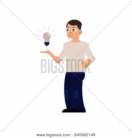 Young Man In Casual Clothing Holding Illuminting Light Bulb Above Hand. Male Character And Symbol Of
