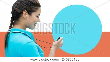 Fitness trainer woman with minimal shapes and stopwatch