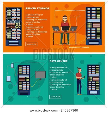 Server Room Banner Set With Data Center And Server Storage With Young Male It Engineer Correctly Adj
