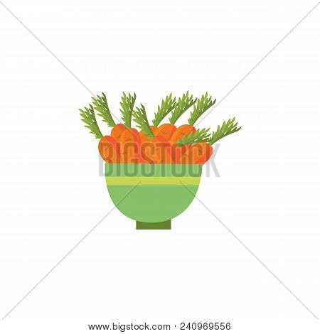 Ripe Raw Carrot With Green Halm Leaves In Ceramic Pot Icon. Orange Healthy Food, Vegetable Full Of V