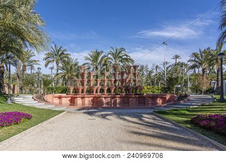 Water Fountain In The Garden, Palmeral De Elche, In The Province Of Alicante, Spain. Unesco Heritage