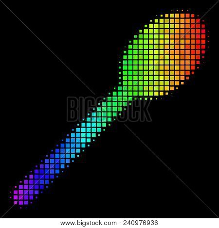 Pixel Bright Halftone Spoon Icon Drawn With Spectral Color Variations With Horizontal Gradient On A 