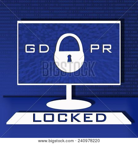 Computer Security Illustration, Flat Cartoon Design Desktop Pc With Closed Lock, Concept Of Firewall