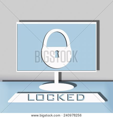 Computer Security Illustration, Flat Cartoon Design Desktop Pc With Closed Lock, Concept Of Firewall
