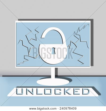 Computer Security Illustration, Flat Cartoon Design Desktop Pc With Closed Lock, Concept Of Firewall