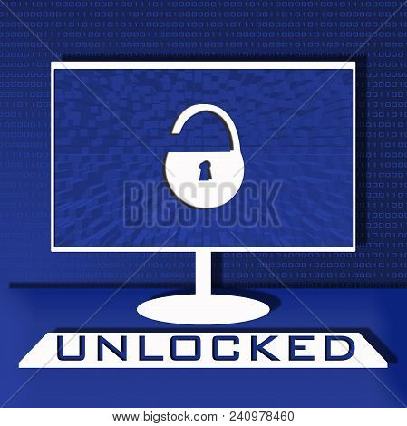 Computer Security Illustration, Flat Cartoon Design Desktop Pc With Closed Lock, Concept Of Firewall