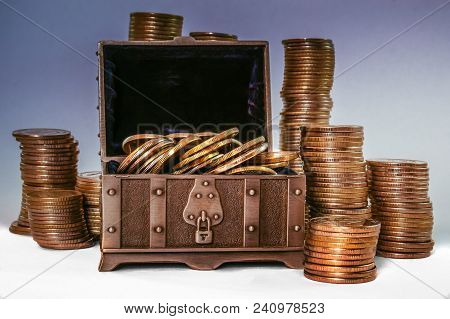 Steel Open Small Chest Full Of Coins
