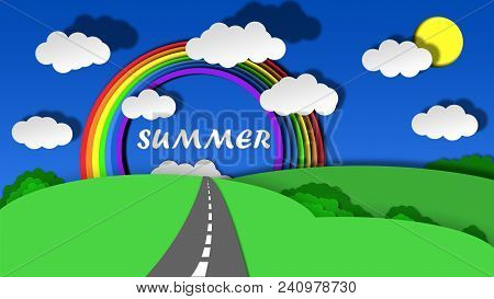 Raster Illustration Of Paper Landscape With Clouds, Hills And Rainbow