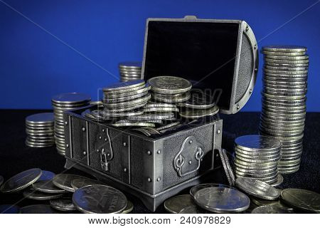 Steel Open Small Chest Full Of Coins