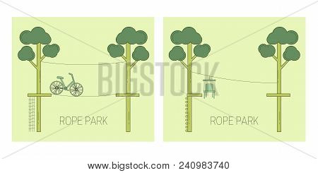Rope Park Track On The Trees. Vector Illustration.