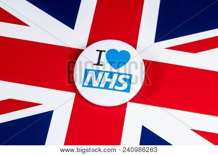 London, Uk - April 27th 2018: An I Love The Nhs Badge Over The Uk Flag, On 27th April 2018.  The The