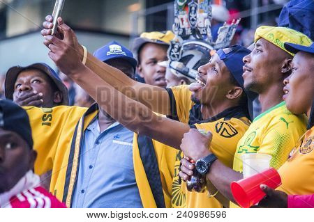 Cape Town, South Africa, 12 May 2018 - Diverse South African Football Supporters Taking A Selfie Dur